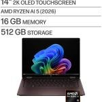 HP OmniBook X Flip 2-in-1 Copilot+ PC Laptop, 14" 2K OLED Touch Display, AMD Ryzen AI 5 430, 16GB RAM, 512GB SSD, AMD Radeon Graphics, English Keyboard, Win11, Deep Espresso | D31MHUA