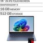 HP OmniBook 3 14-hz0015dx Next Gen AI PC Laptop, 14" 2K IPS Touchscreen, Qualcomm Snapdragon X X1-26-100, 16GB RAM, 512GB SSD, Qualcomm Adreno GPU, English K/B, Win11 | D0VF2UA