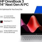 HP OmniBook 3 NGAI 14-hz0005dx Laptop, 15.6" 2K Touch Display, Snapdragon X X1-26-100, 16GB RAM, 512GB SSD, Qualcomm Adreno GPU, English Keyboard, Windows 11 Home, Silver | D0VR2UA