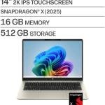 HP OmniBook 3 Laptop, 14" 2K Touchscreen Display, Snapdragon X X1-26-100, 16GB RAM, 512GB SSD, Qualcomm Adreno Graphics, English Keyboard, Windows 11 Home, Warm Gold | D0ZY2UA