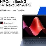 HP OmniBook 3 14-hz0015dx Next Gen AI PC Laptop, 14" 2K IPS Touchscreen, Qualcomm Snapdragon X X1-26-100, 16GB RAM, 512GB SSD, Qualcomm Adreno GPU, English K/B, Win11 | D0VF2UA